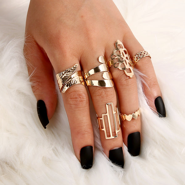Leaf Crown Geometric Articulation Rings 6 Piece Combination Rings - JIMY 