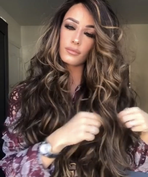 Ladies Brown Mid-section Big Wavy Long Curly Hair Mixed Color Highlighting Chemical Fiber Fake - JIMY 