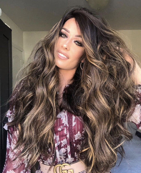 Ladies Brown Mid-section Big Wavy Long Curly Hair Mixed Color Highlighting Chemical Fiber Fake - JIMY 