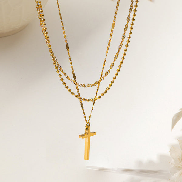 Titanium Steel Non-fading Single-diamond Three-layer Cross Necklace - JIMY 
