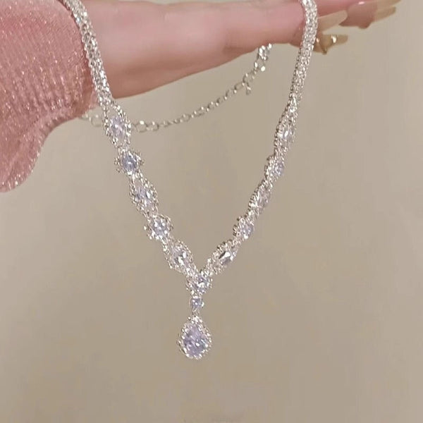 Full-Crystal Flashing Waterdrop Tassel Necklace And Earrings - JIMY 