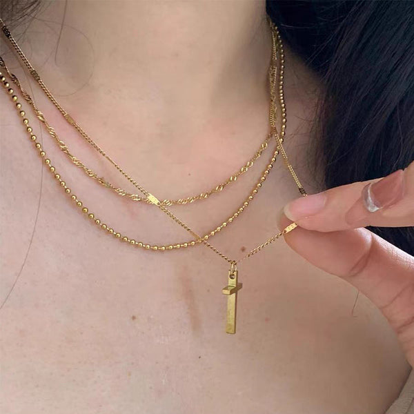 Titanium Steel Non-fading Single-diamond Three-layer Cross Necklace - JIMY 