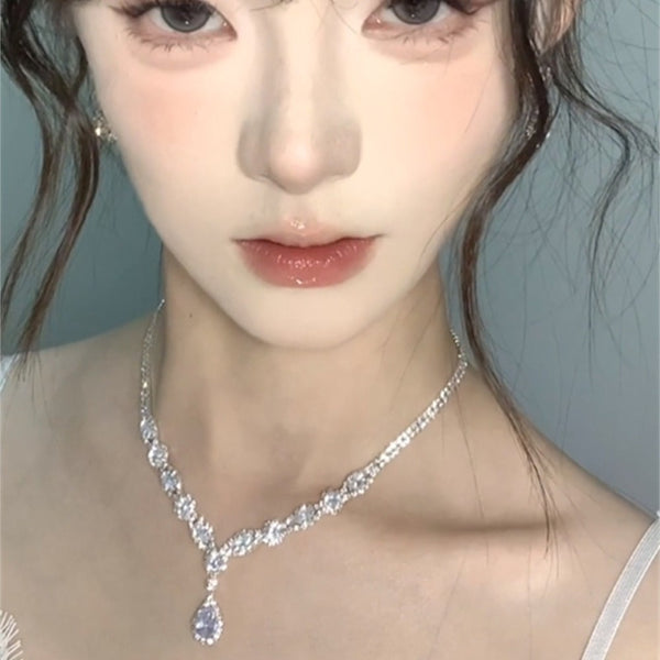 Full-Crystal Flashing Waterdrop Tassel Necklace And Earrings - JIMY 