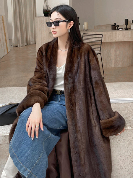Vintage Mink Coat  Caramel Color V-neck Elongated Style Women's - JIMY 
