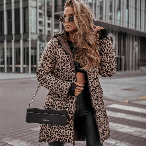 Over-the-knee Cotton-padded Coat With Leopard Print Stylish Outerwear In A Domineering Lady Style - JIMY 