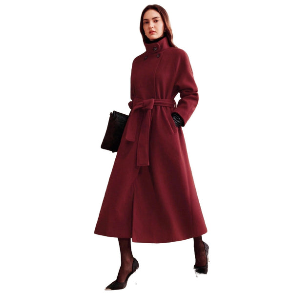 Women's Double-breasted Long Wool Coat With Suit Collar - JIMY 