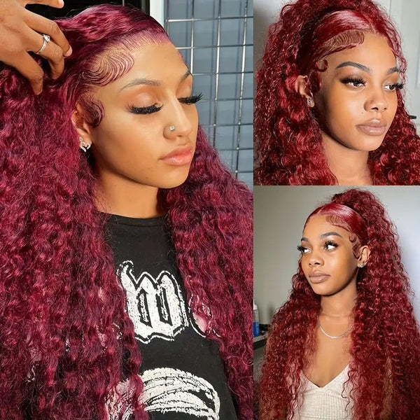 Fashion Wine Red Wig Front Lace Small Roll Wound Tube Afro Synthetic Wigs - JIMY 