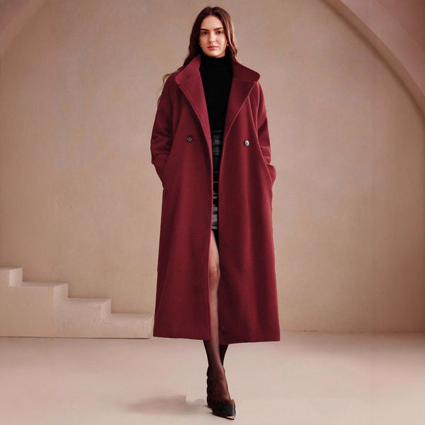 Women's Double-breasted Long Wool Coat With Suit Collar - JIMY 