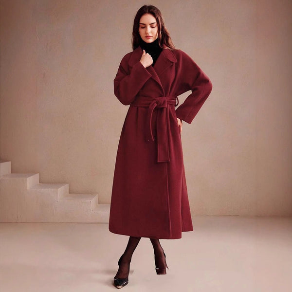 Women's Double-breasted Long Wool Coat With Suit Collar - JIMY 