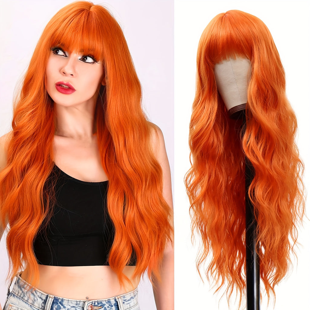 Elegant Long Orange Non-toxic Wig, Synthetic Wavy Hair Wig For Ladies, 28-inch Long Hair, Suitable For The Whole Scene - JIMY 