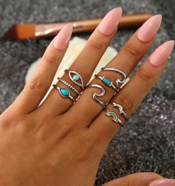 Leaf Crown Geometric Articulation Rings 6 Piece Combination Rings - JIMY 
