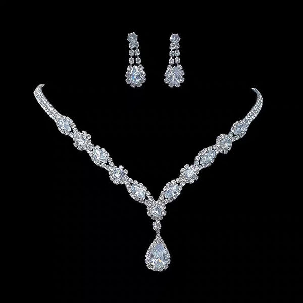 Full-Crystal Flashing Waterdrop Tassel Necklace And Earrings - JIMY 