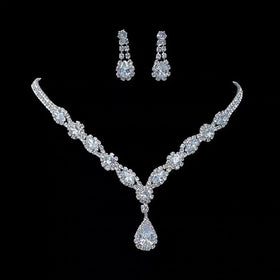 Full-Crystal Flashing Waterdrop Tassel Necklace And Earrings - JIMY 