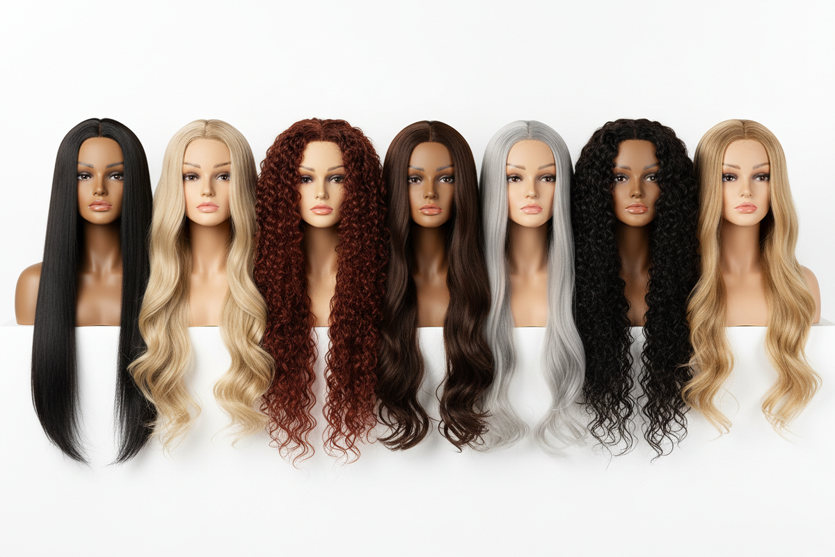 create 424*369 image of different hair models long hair wigs wearing stand close to eachother with minimum bg