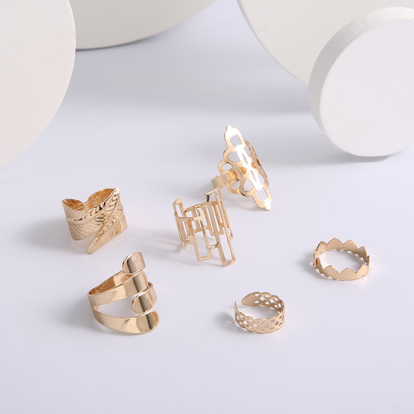 Leaf Crown Geometric Articulation Rings 6 Piece Combination Rings - JIMY 