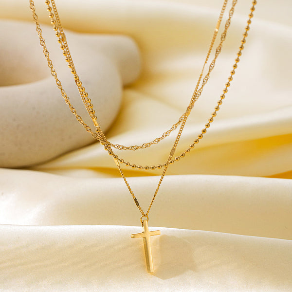 Titanium Steel Non-fading Single-diamond Three-layer Cross Necklace - JIMY 