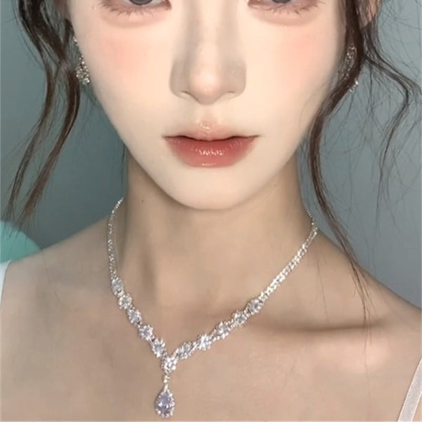 Full-Crystal Flashing Waterdrop Tassel Necklace And Earrings - JIMY 