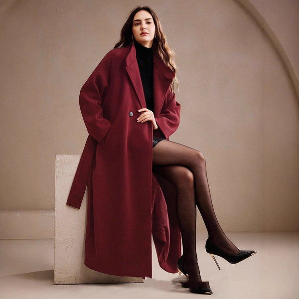 Women's Double-breasted Long Wool Coat With Suit Collar - JIMY 